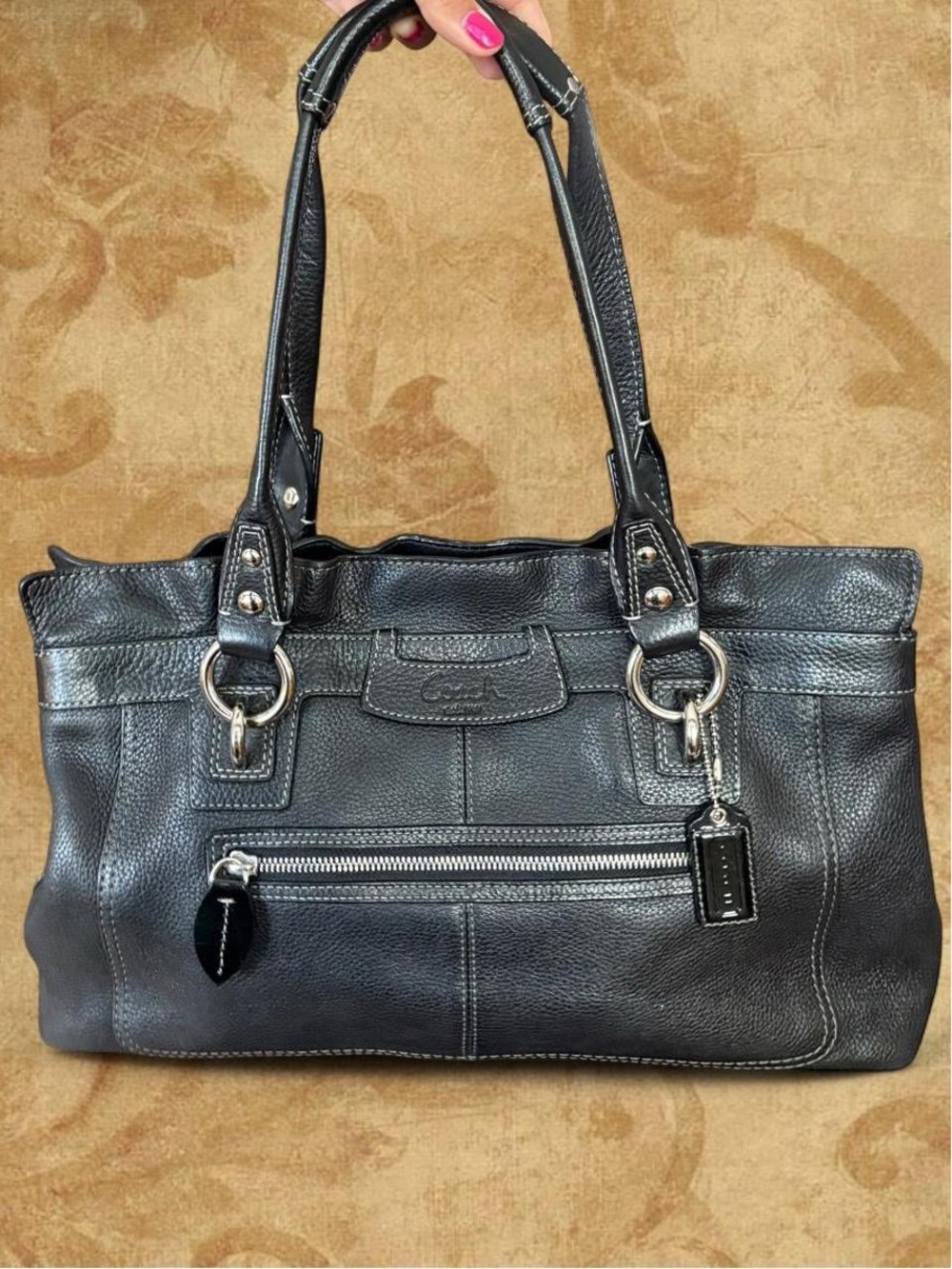 Vintage Coach Black Leather Handbag with Silver Hardware